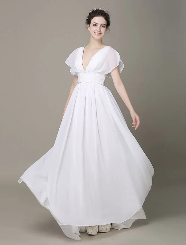 Open Back Dress Plunging Chiffon Beach Wedding Dress A-Line Ivory V-Neck Pleated Belt Short Sleeves Bridal Dress With Court Train Exclusive