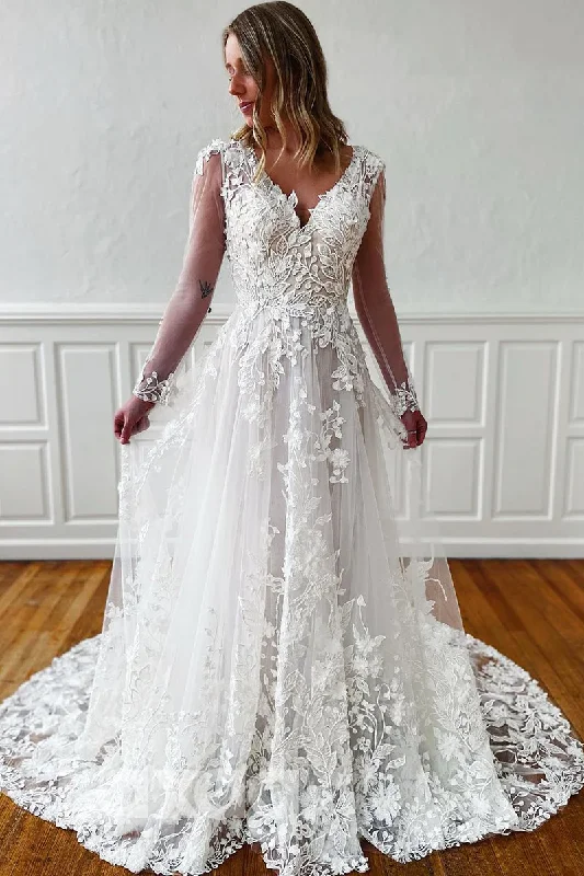 Sequin Gown PLUNGING V-NECK SHEER LONG SLEEVES LACE WEDDING DRESS       fg1955