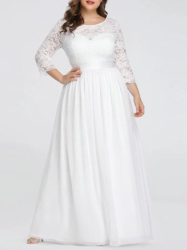 Chic Satin Dress Plus Size A-Line Wedding Dresses Floor-Length 3/4 Length Sleeves Lace Jewel Neck Bridal Gowns Chic Satin Dress Plus Size A-Line Wedding Dresses Floor-Length 3/4 Length Sleeves Lace Jewel Neck Bridal Gowns