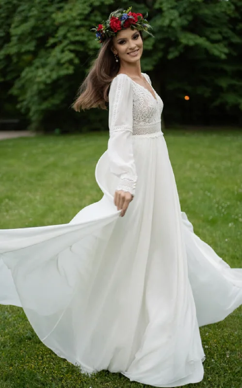 Peplum Dress Poet Sleeves Chiffon A-Line Beach Wedding Dress with V-Neckline and Illusion Low-V Back-716679 Peplum Dress Poet Sleeves Chiffon A-Line Beach Wedding Dress with V-Neckline and Illusion Low-V Back-716679