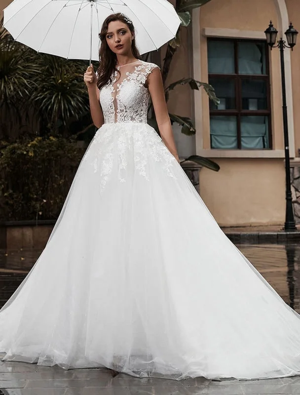 Modern Tulle Dress Pricess Wedding Dress Lace Bodice Tulle Satin Fabric Sweep Train Applique Wedding Gown Exclusive Modern Tulle Dress Pricess Wedding Dress Lace Bodice Tulle Satin Fabric Sweep Train Applique Wedding Gown Exclusive