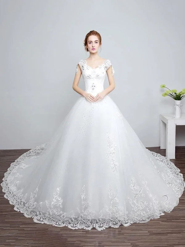 Unique Formal Dress Princess Wedding Dresses Ivory Backless Bridal Dress Lace Applique V Neck Long Train Wedding Gown Unique Formal Dress Princess Wedding Dresses Ivory Backless Bridal Dress Lace Applique V Neck Long Train Wedding Gown