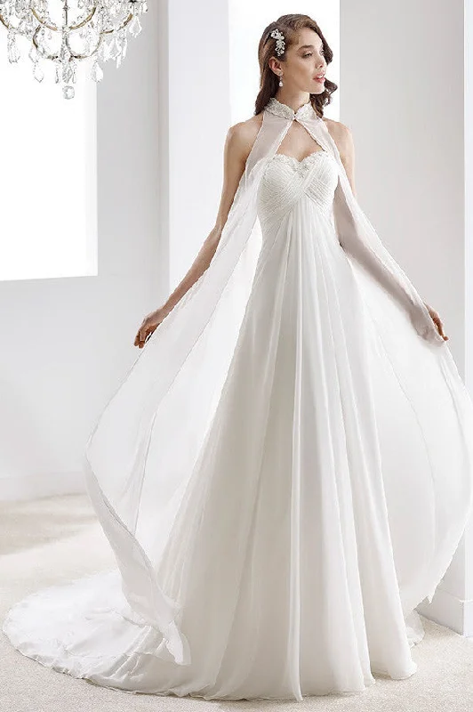 Perfect Prom Dress Romantic Flowy Draping Chiffon A-Line High Neck Sweetheart Empire Wedding Dress with Beaded Detail Perfect Prom Dress Romantic Flowy Draping Chiffon A-Line High Neck Sweetheart Empire Wedding Dress with Beaded Detail