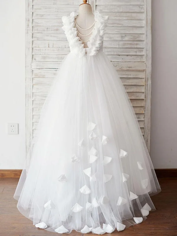 Structured Evening Gown Romantic Pure White Tulle Pearls Flower Girl Dresses Sleeveless A-line Kids Party Dresses