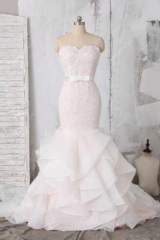 Striking Red Gown Strapless Ruffled Organza Trumpet Wedding Dress
