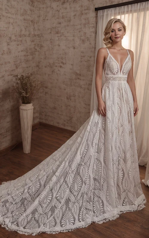 Delicate Lace Dress Rustic Country Beach A-Line Boho Lace Wedding Dress with Floral Elegant Appliques and Romantic Court Train Delicate Lace Dress Rustic Country Beach A-Line Boho Lace Wedding Dress with Floral Elegant Appliques and Romantic Court Train