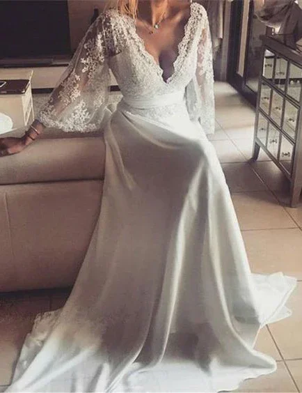 Chiffon Dress 2023 Cheap A Line V Neck Lace Sleeves Back Bowknot Wedding Dresses fg1956 Chiffon Dress 2023 Cheap A Line V Neck Lace Sleeves Back Bowknot Wedding Dresses fg1956