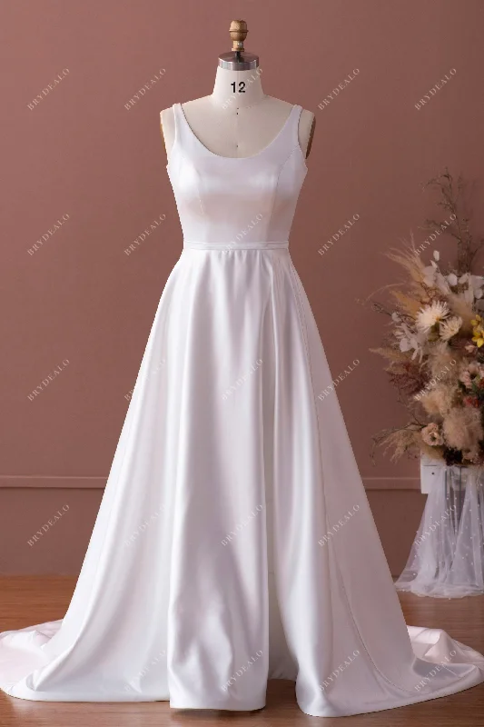 Bodycon Gown Simple Scoop Neck Satin Modest Court Train A-line Wedding Dress