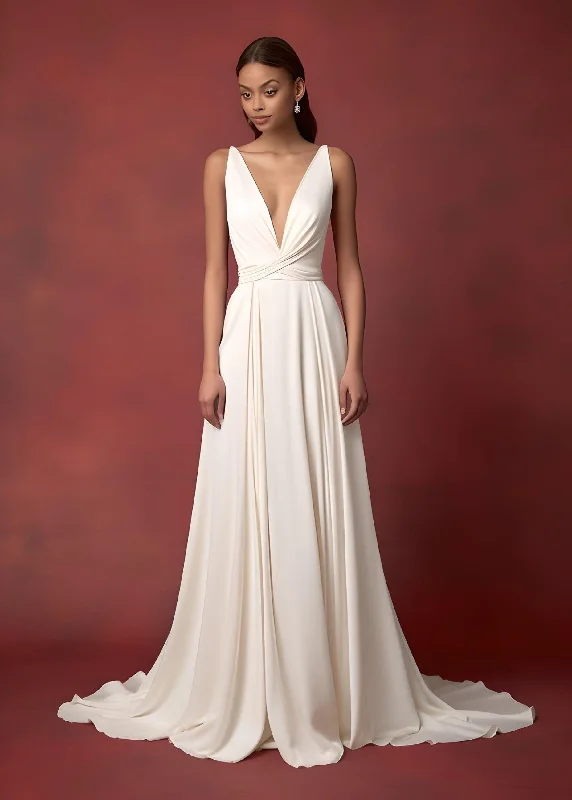 Polished Formal Dress Sexy A-Line Plunging Neckline V-neck Satin Sleeveless Wedding Dress Beach Country Garden Court Simple Ethereal Modern-MW_700001 Polished Formal Dress Sexy A-Line Plunging Neckline V-neck Satin Sleeveless Wedding Dress Beach Country Garden Court Simple Ethereal Modern-MW_700001