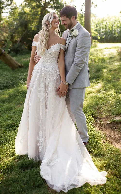 Glam Ball Gown Sexy Elegant A-Line Boho Off-the-Shoulder Wedding Dress with Lace Appliques and Sweep Train Glam Ball Gown Sexy Elegant A-Line Boho Off-the-Shoulder Wedding Dress with Lace Appliques and Sweep Train