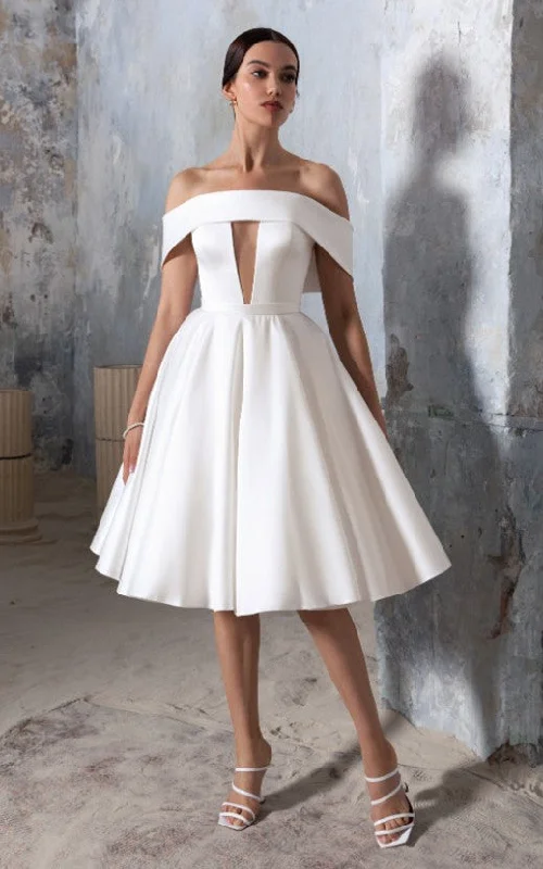 Structured Evening Gown Sexy Elegant Short A-Line Off-the-Shoulder Satin Wedding Dress Modern Midi Knee-Length Bridal Gown with Ruffles Structured Evening Gown Sexy Elegant Short A-Line Off-the-Shoulder Satin Wedding Dress Modern Midi Knee-Length Bridal Gown with Ruffles