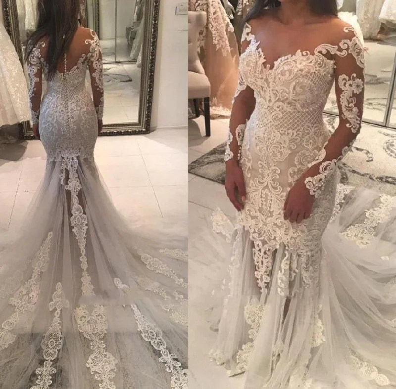 Modern Tulle Dress Sexy Sheath Long Sleeves With Appliques Off Shoulder Wedding Dresses / Bridal Gowns fg495 Modern Tulle Dress Sexy Sheath Long Sleeves With Appliques Off Shoulder Wedding Dresses / Bridal Gowns fg495