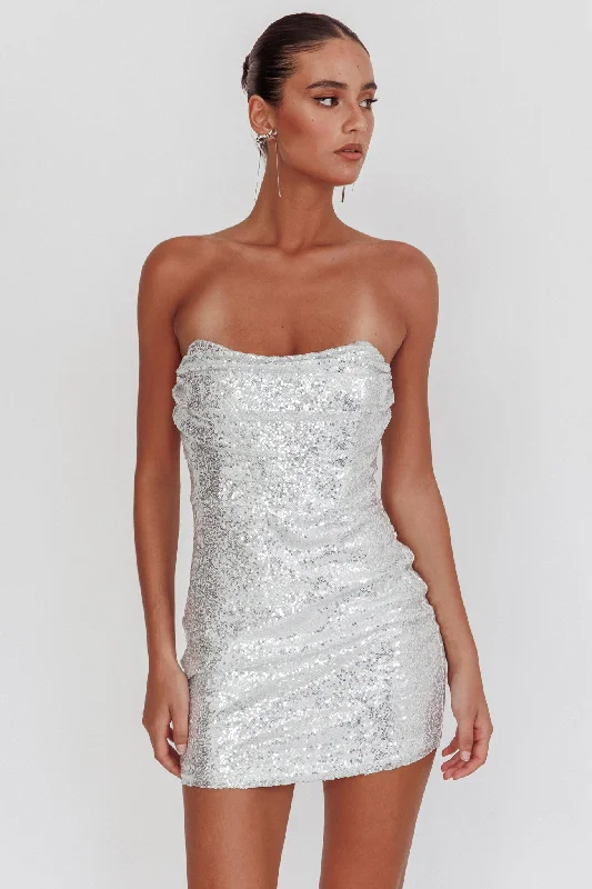 Polka Dot Gown She Slays Strapless Sequin Dress Silver