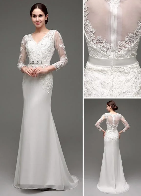 Chic Satin Dress Sheath/Column Long Sleeves Illusion Back V-Neck Bridal Gown With Rhinestone Sash Chic Satin Dress Sheath/Column Long Sleeves Illusion Back V-Neck Bridal Gown With Rhinestone Sash