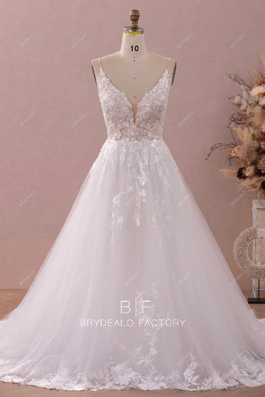 Applique Gown Shimmery Beaded Straps Plunging Lace A-line Wedding Dress