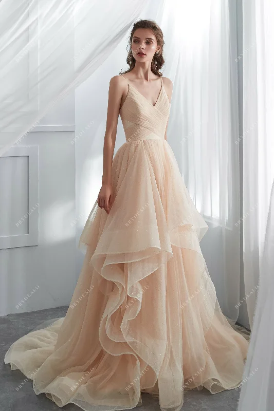 Brocade Formal Dress Shimmery Champagne Tulle Ruffles Layered Wedding Ballgown