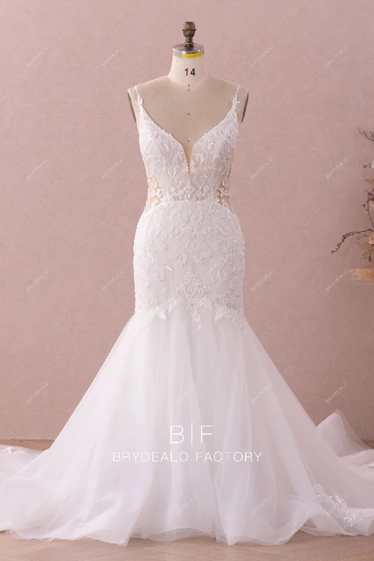 Draped Formal Dress Plunging Designer Open Back Lace Trumpet Wedding Dress