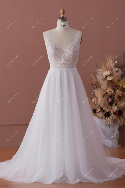 Pleated Gown Shimmery Wide Straps Boho Lace Tulle Outdoor Wedding Dress