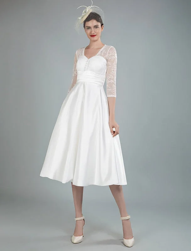 Sparkly Dress Short Wedding Dresses V Neck 3/4 Length Sleeves A Line Tea Length Traditional Bridal Dresses Sparkly Dress Short Wedding Dresses V Neck 3/4 Length Sleeves A Line Tea Length Traditional Bridal Dresses