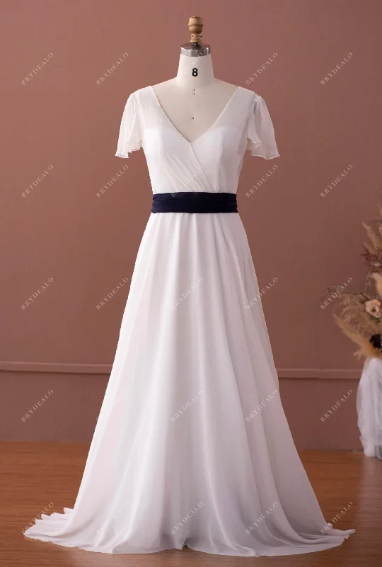 Floral Gown Silk Georgette Flutter Sleeve Navy Sash Beach A-line Wedding Dress