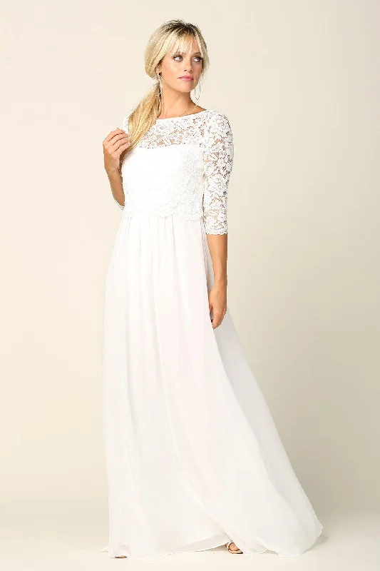Party Ready Dress Simple Long 3/4 Sleeve Lace Chiffon Wedding Dress