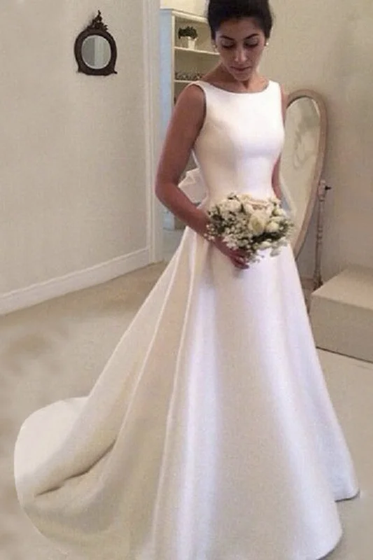Draped Satin Gown Simple Modest Satin A-Line Bateau Neck Wedding Dress Elegant Romantic Sleeveless Backless Bridal Gown with Court Train Draped Satin Gown Simple Modest Satin A-Line Bateau Neck Wedding Dress Elegant Romantic Sleeveless Backless Bridal Gown with Court Train