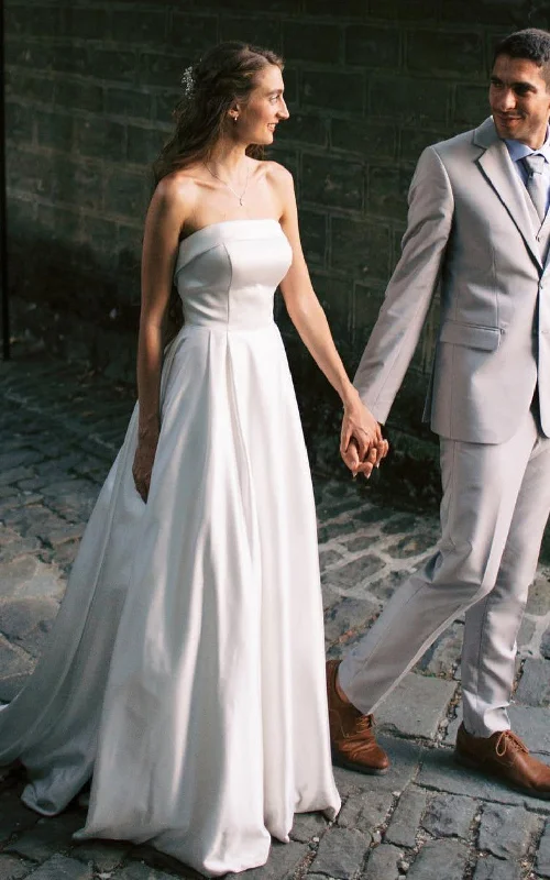 Lush Satin Gown Simple Modest Sleeveless Strapless A-Line Satin Wedding Dress Casual Minimalist Elopement Corset Maxi Bridal Gown Lush Satin Gown Simple Modest Sleeveless Strapless A-Line Satin Wedding Dress Casual Minimalist Elopement Corset Maxi Bridal Gown