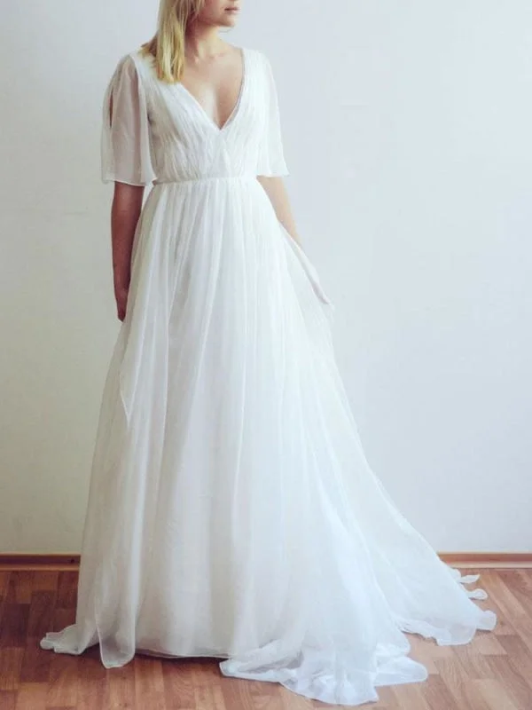 Designer Gown Simple Wedding Dress A Line Chiffon V Neck Half Sleeves Pleated Floor Length With Train Bridal Dresses Designer Gown Simple Wedding Dress A Line Chiffon V Neck Half Sleeves Pleated Floor Length With Train Bridal Dresses