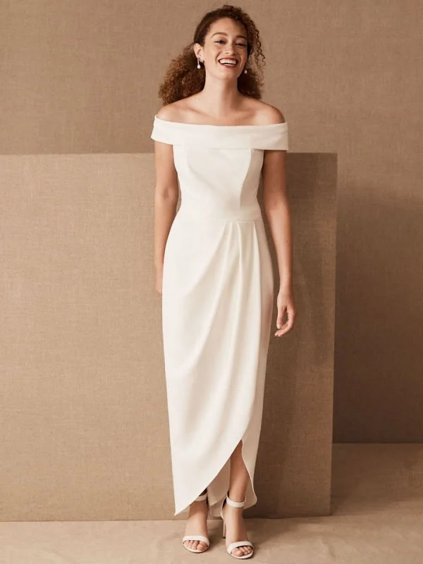 Dramatic Ball Gown Simple Wedding Dress Black Stretch Crepe Bateau Neck Short Sleeves Pleated Sheath Bridal Gowns Dramatic Ball Gown Simple Wedding Dress Black Stretch Crepe Bateau Neck Short Sleeves Pleated Sheath Bridal Gowns