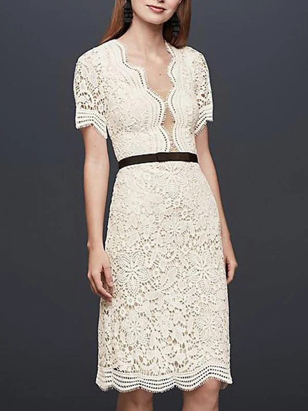 Beaded Evening Dress Simple Wedding Dresses V Neck Short Sleeves Sheath Knee Length Vintage Bridal Dresses Exclusive Beaded Evening Dress Simple Wedding Dresses V Neck Short Sleeves Sheath Knee Length Vintage Bridal Dresses Exclusive