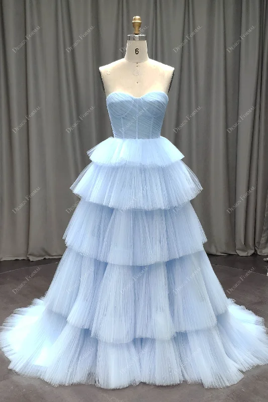 Maxi Dress Sky Blue Tiered Pleated Tulle Corset Formal Dress
