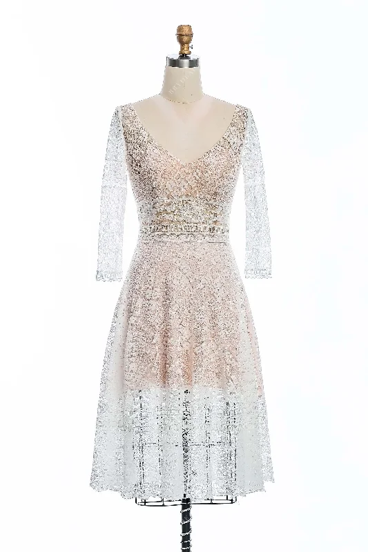 Strapless Gown Sheer Sleeves Short Boho Lace V-neck City Wedding Dress