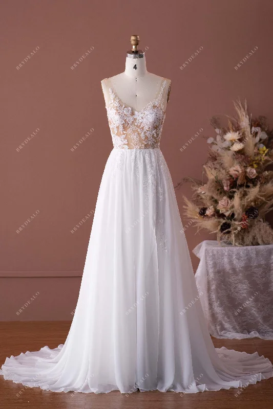 Dainty Chiffon Dress Sleeveless Beaded Illusion Neck Lace Chiffon Boho Bridal Dress Dainty Chiffon Dress Sleeveless Beaded Illusion Neck Lace Chiffon Boho Bridal Dress