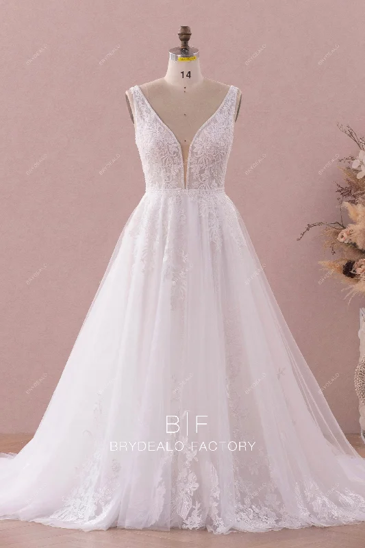 Empire Waist Gown Sleeveless Beaded Plunging Neck Beautiful Lace Wedding Dress