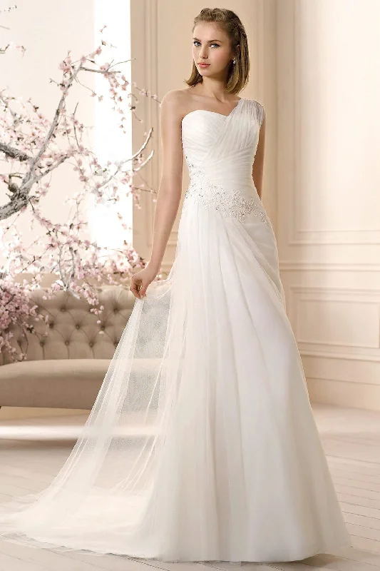 Modern Tulle Dress Sleeveless Long One-Shoulder Ruched Tulle Wedding Dress With Appliques-MK_705932 Modern Tulle Dress Sleeveless Long One-Shoulder Ruched Tulle Wedding Dress With Appliques-MK_705932