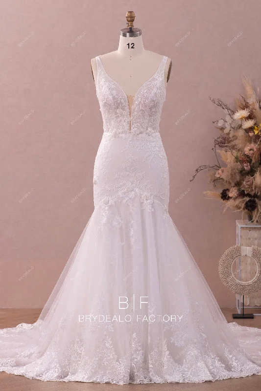 Bold Print Formal Dress Sleeveless Plunging Neck 3D Lace Mermaid Wedding Dress