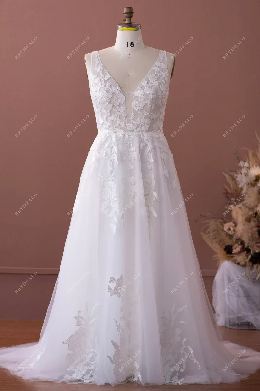 High Neck Dress Sleeveless Sexy Plunging Plus Size Lace A-line Wedding Dress