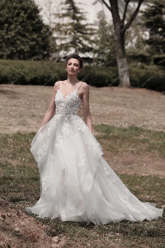 Party Dress Spaghetti Strap Princess Lace Ball Gown Ruffled Tulle Bridal Dress