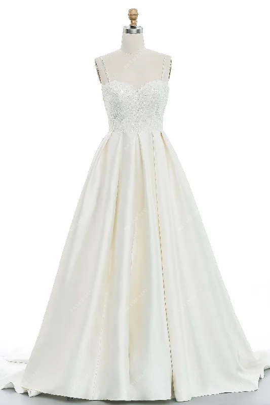Beaded Evening Dress Spaghetti Straps Beaded Lace Long Train Wedding Dress