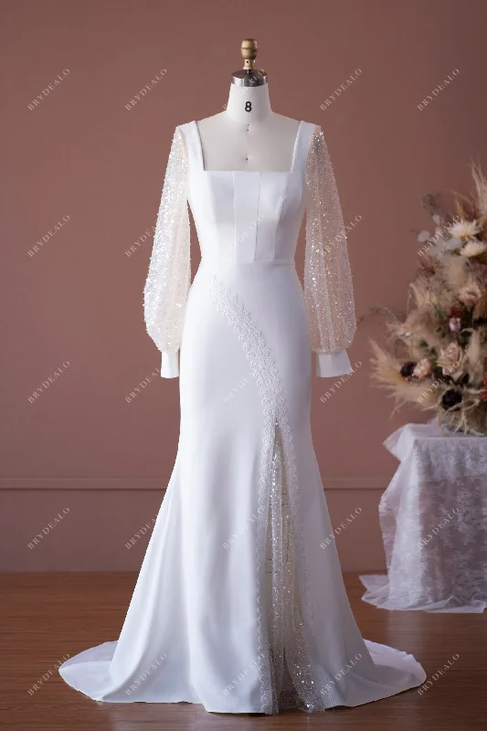 Glittering Evening Gown Beaded Sleeves Square Neck Mermaid Crepe Wedding Dress