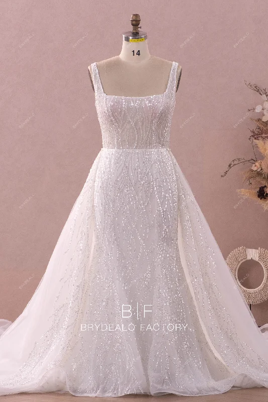 Formal Attire Sparkly Square Neck Luxury Overskirt Wedding Ball Gown