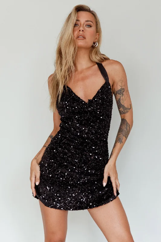 Puffy Formal Dress Star Lights Halterneck Mini Dress Sequin Black