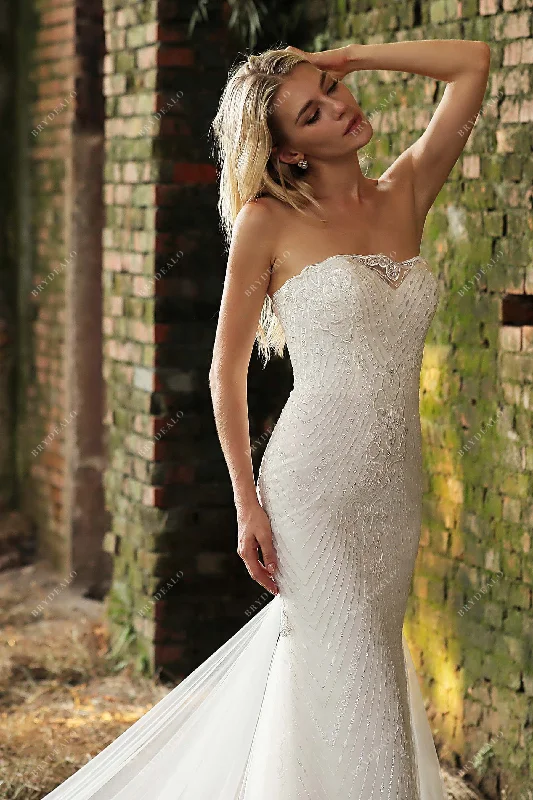 Elegant Gown Strapless Beaded Lace Mermaid Garden Long Train Wedding Dress