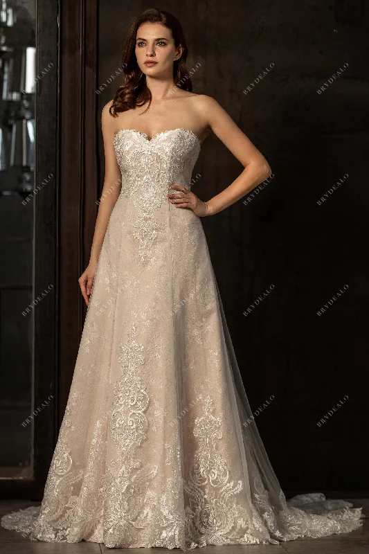 Beaded Dress Strapless Sweetheart Lace Nude A-line Destination Wedding Dress