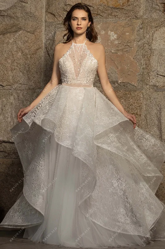 Floor-Length Dress Stylish Beaded Lace Pink Bodycon Wedding Dress with Overskirt
