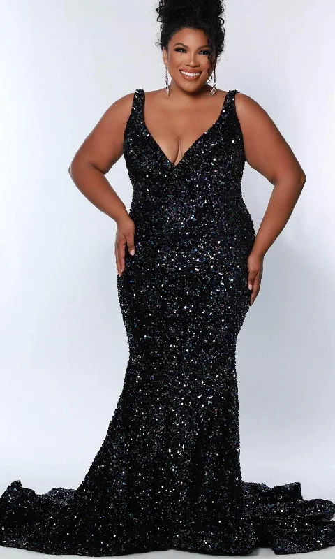 Red Carpet Dress Sydney's Closet JK2308 - V-Neck Velvet Sequin Evening Dress