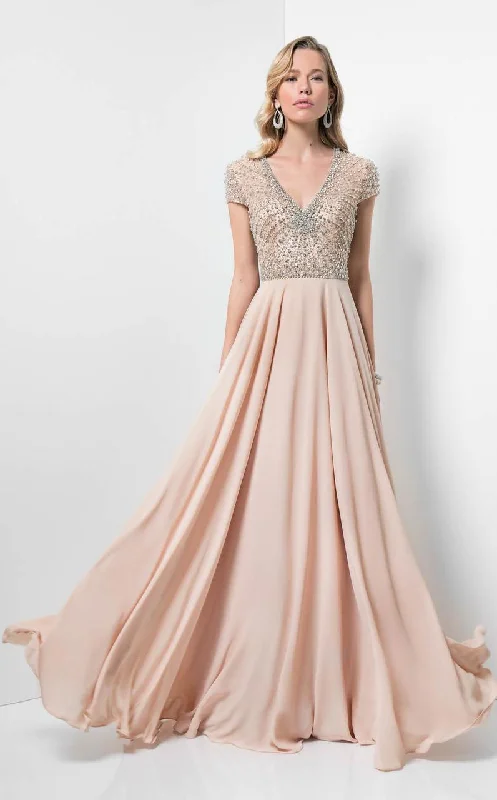 Off-White Gown Terani Couture - Embellished V-Neck Chiffon A-line Gown 1712M3429