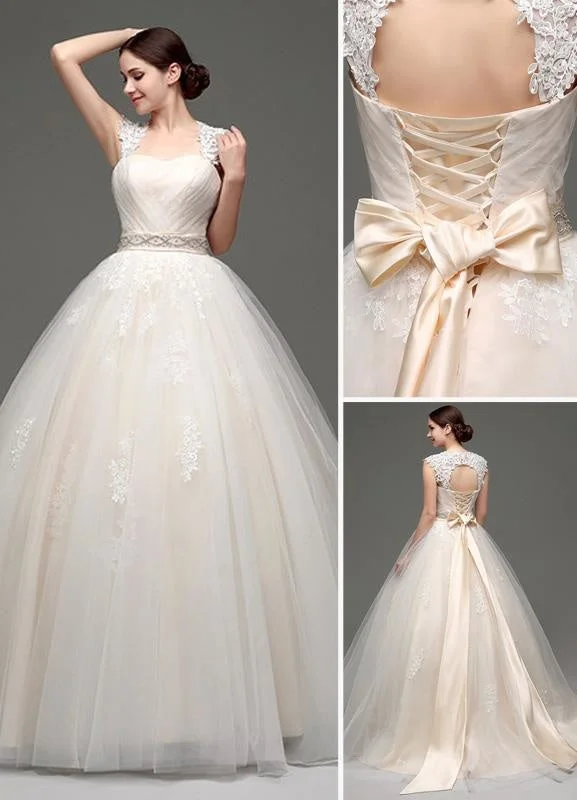 Classic Gown Tulle Cap Sleeves Keyhole Back Princess Wedding Dress With Bow And Rhinestone Sash Classic Gown Tulle Cap Sleeves Keyhole Back Princess Wedding Dress With Bow And Rhinestone Sash