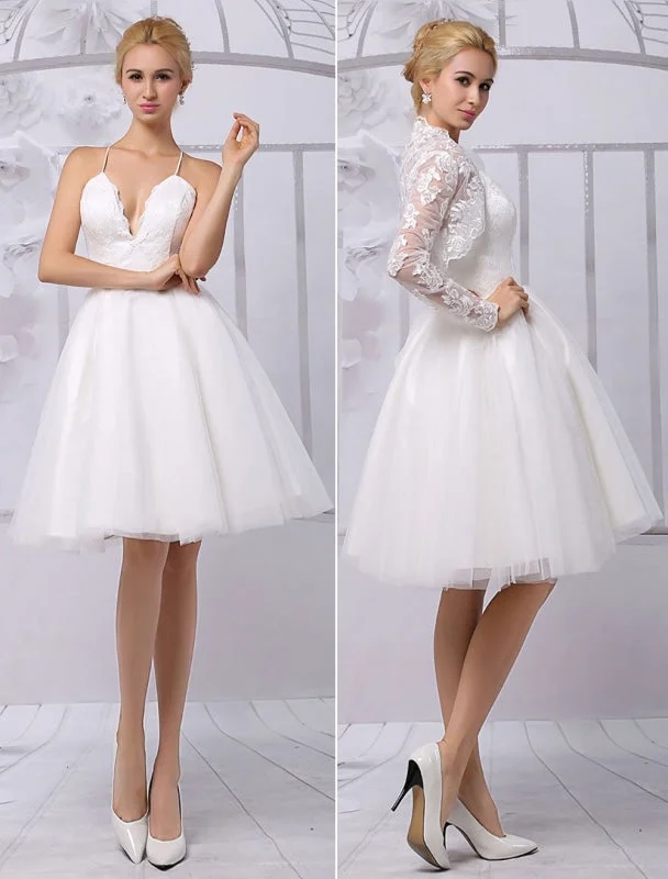 Peplum Dress Tulle Knee-Length Spaghtti A-Line Wedding Dress With Long-Sleeves Lace Wrap Exclusive Peplum Dress Tulle Knee-Length Spaghtti A-Line Wedding Dress With Long-Sleeves Lace Wrap Exclusive