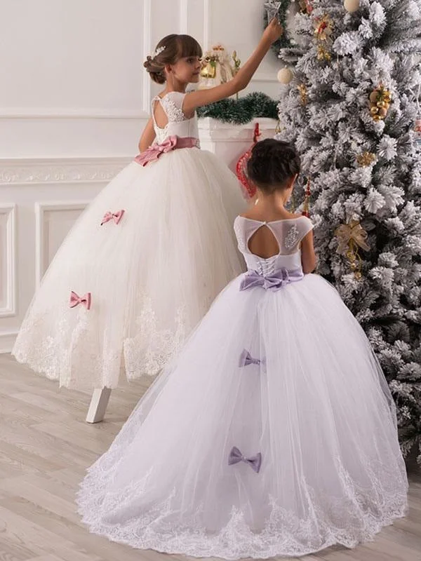 Elegant Evening Dress Tulle Sleeveless Ankle Length Princess Flower Girl Dresses Jewel Neck Kids Party Dresses
